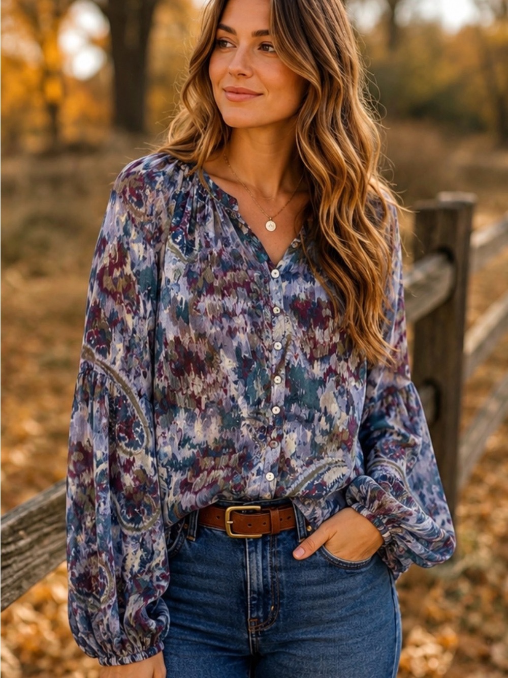 Fever Sheer Paisley Button Front Boho Blouse Balloon Sleeve Purple Blue S